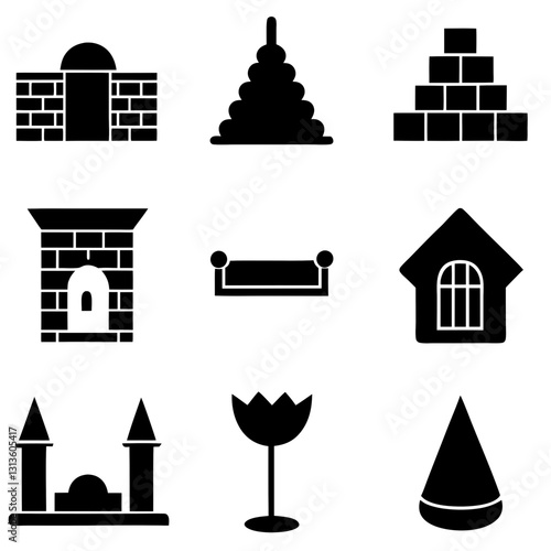 Masonry Silhouette Icon Set Vector Art Illustration. Construction and Building Icon