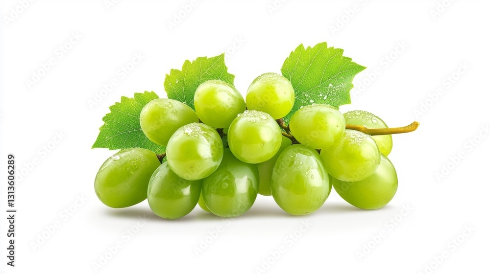 Fresh Bunch of Green Grapes with Leaves Isolated on White Background. Generative AI Fresh Bunch of Green Grapes with Leaves Isolated on White Background. Generative AI
