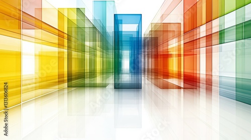 Dynamic multicolored architectural shapes reflecting light ideal for creative backdrop or digital artwork evoking futuristic concepts