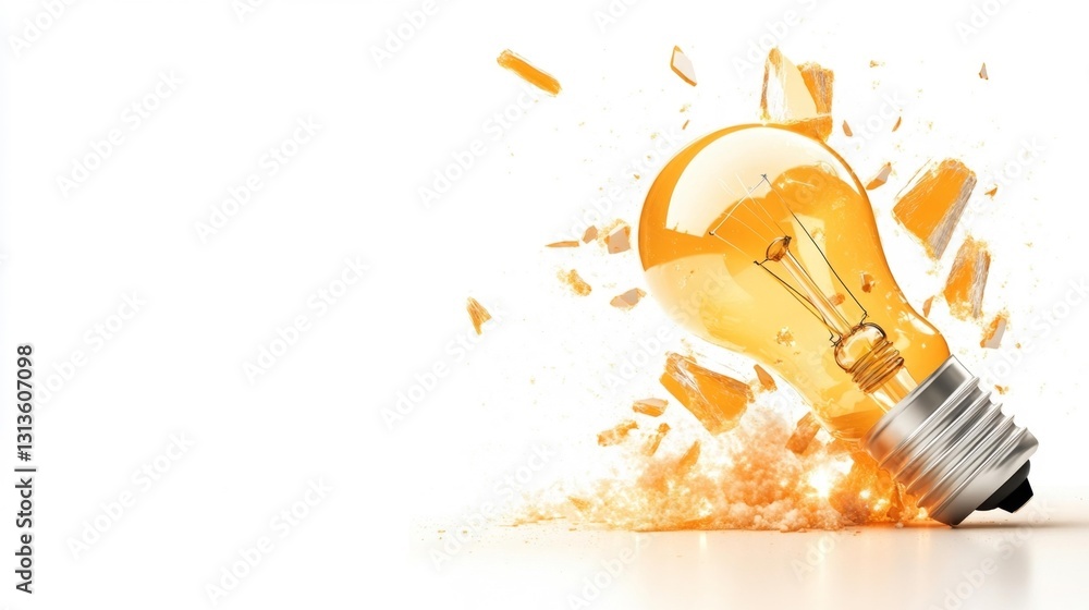 Fototapeta premium A light bulb exploding into pieces with glass debris flying on a white isolated background. Generative AI