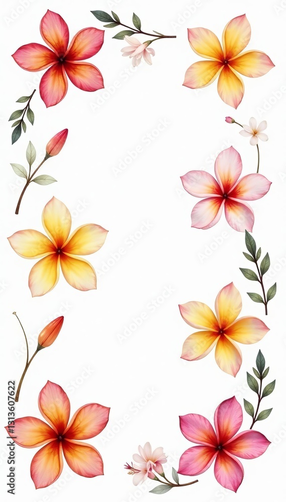 Obraz premium Set of delicate frangipani blooms in soft watercolor hues for crafting and design projects, hand drawn, texture