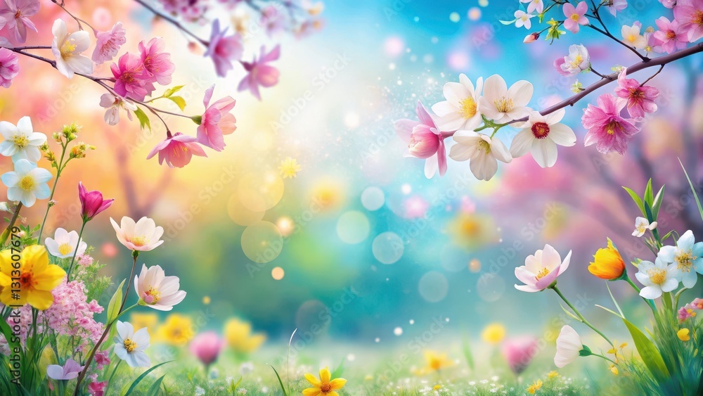Abstract spring background with vibrant colors and blooming flowers in a delicate, dreamy atmosphere, colorful, spring Abstract spring background with vibrant colors and blooming flowers in a delicate, dreamy atmosphere, colorful, spring