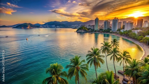 Fototapeta Naklejka Na Ścianę i Meble -  Beautiful view of Acapulco Bay with crystal clear turquoise water and palm trees at sunset, serene