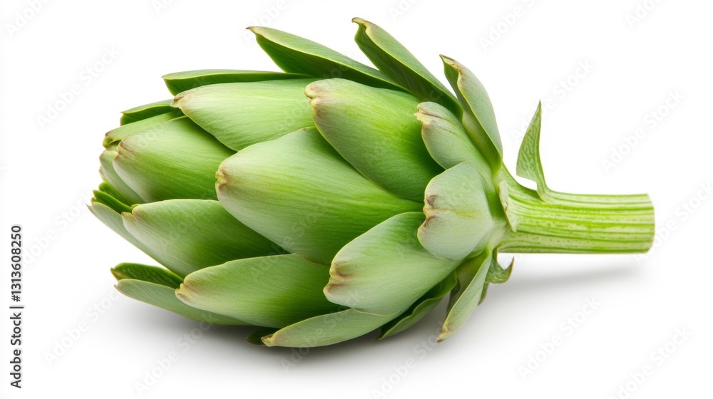 Single artichoke isolated on a white background with soft green petals. Generative AI Single artichoke isolated on a white background with soft green petals. Generative AI
