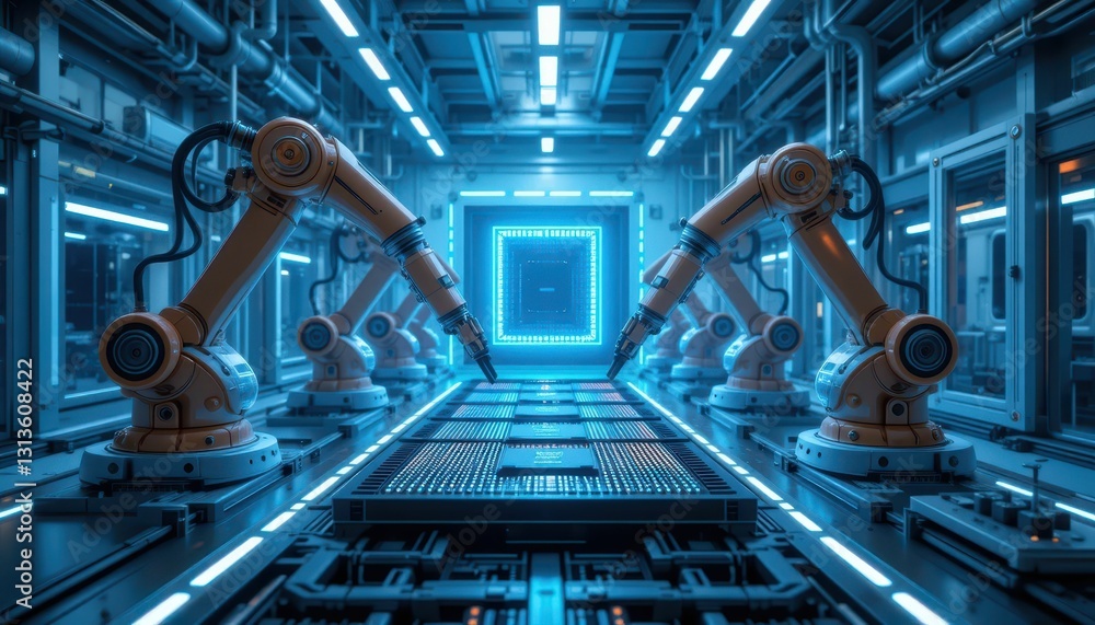 Advanced Robotic Arms in Futuristic Factory Assembly Line Setting Advanced Robotic Arms in Futuristic Factory Assembly Line Setting