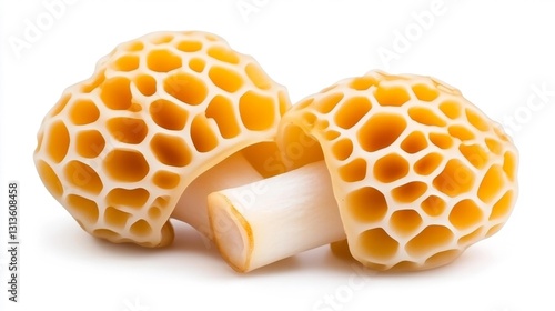 Fresh morel mushroom showcasing distinctive honeycomb texture on white isolated background. Generative AI photo