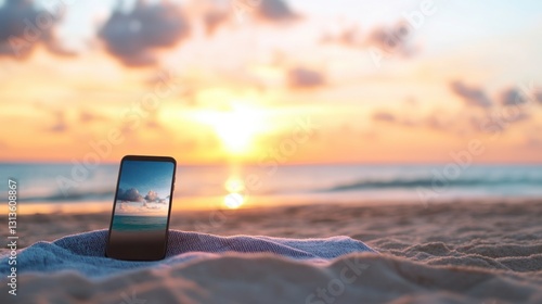 Fototapeta Naklejka Na Ścianę i Meble -  Smartphone displaying sunset beach scene rests on towel in sand.