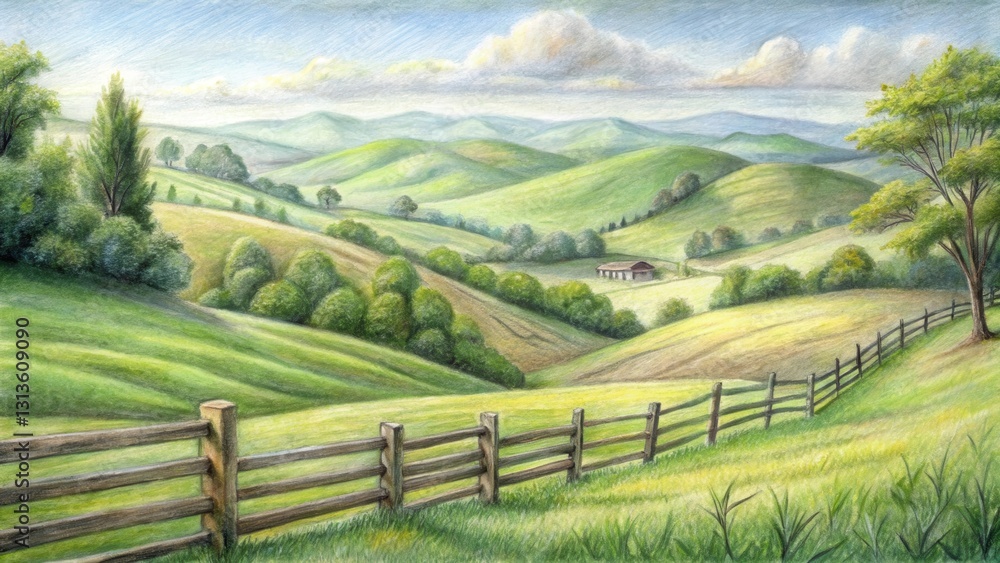 Pencil drawing of a serene rural landscape with fence,, rolling hills, natural beauty Pencil drawing of a serene rural landscape with fence,, rolling hills, natural beauty