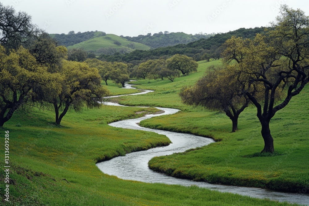 A picturesque valley with a gently flowing stream, surrounded by grass and bordered by trees and hills. A picturesque valley with a gently flowing stream, surrounded by grass and bordered by trees and hills.
