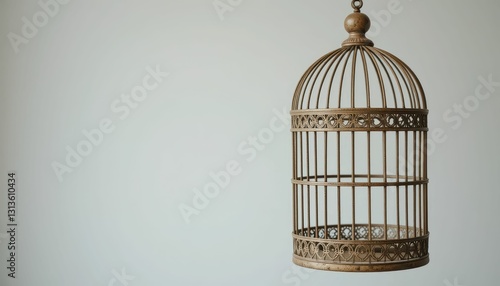 Elegant Vintage Birdcage Hanging Against a Soft Neutral Background