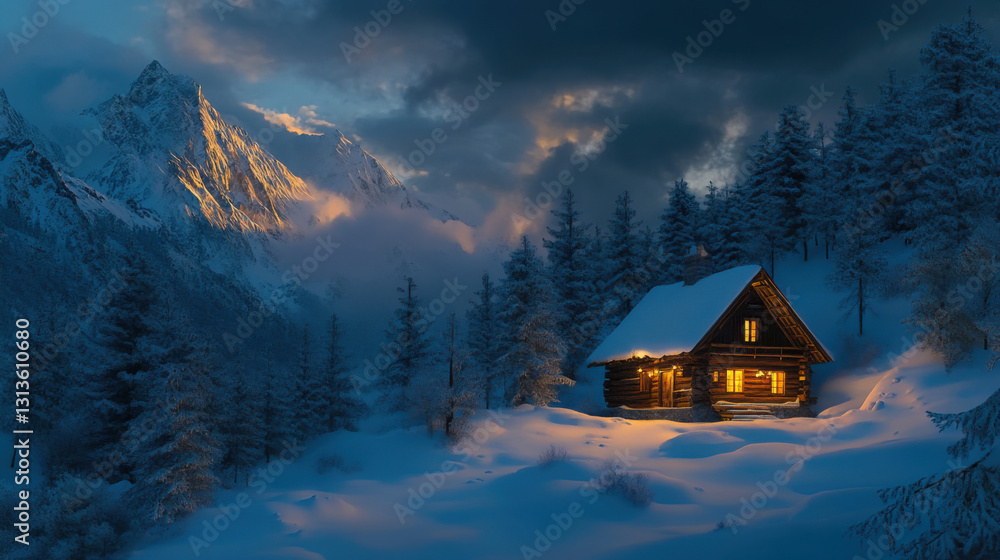 A rustic winter cabin in the mountains, bathed in warm cinematic lighting A rustic winter cabin in the mountains, bathed in warm cinematic lighting