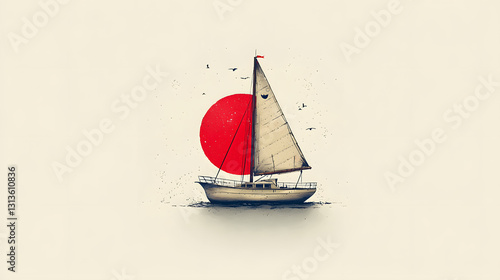 Beige Sailboat and Red Sun Minimalist Illustration