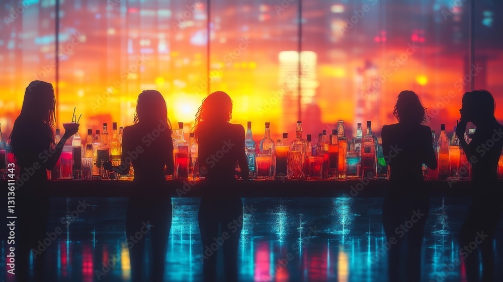 A colorful nightlife bar scene with people enjoying cocktails and vibrant city lights. Generative AI A colorful nightlife bar scene with people enjoying cocktails and vibrant city lights. Generative AI