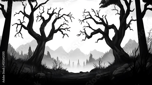 Wallpaper Mural Monotone Digital Painting: Twin Dead Trees Framing a Misty Mountain Valley AI Generated Torontodigital.ca