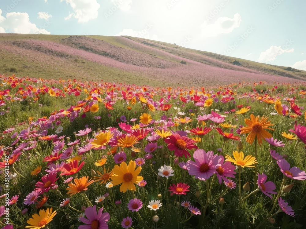 Obraz premium Vibrant wildflowers bloom across a sun-drenched hillside, spring's arrival in full color, idyllic, tranquil, vibrant colors