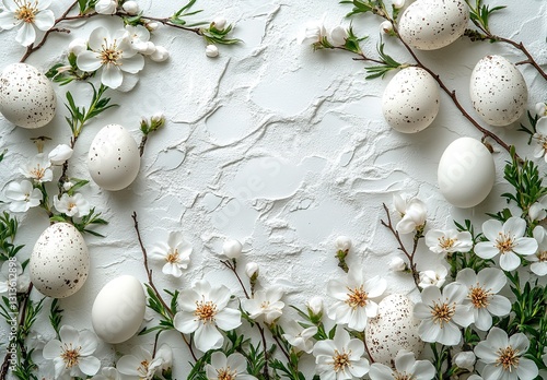 Easter decoration with white flowers and eggs placed on a white background, minimalist spring celebration concept for invitations, cards or celebrations.