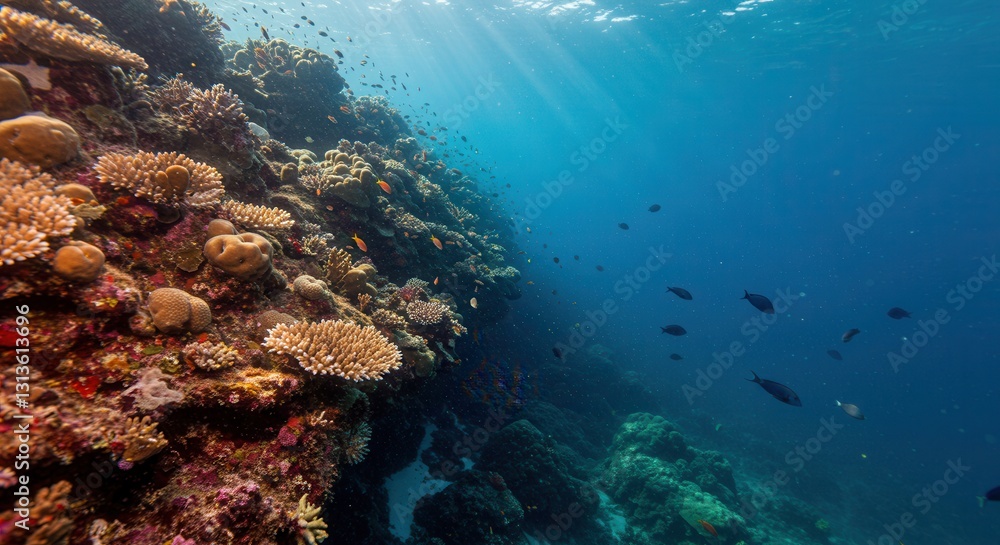 Naklejka premium Underwater Coral Reef Scene with Tropical Fish and Sun Rays