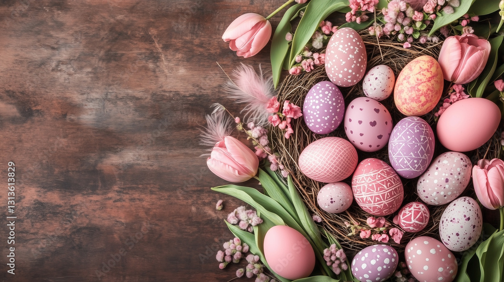 Easter Nest with Colorful Eggs and Tulips on Wooden Background Easter Nest with Colorful Eggs and Tulips on Wooden Background
