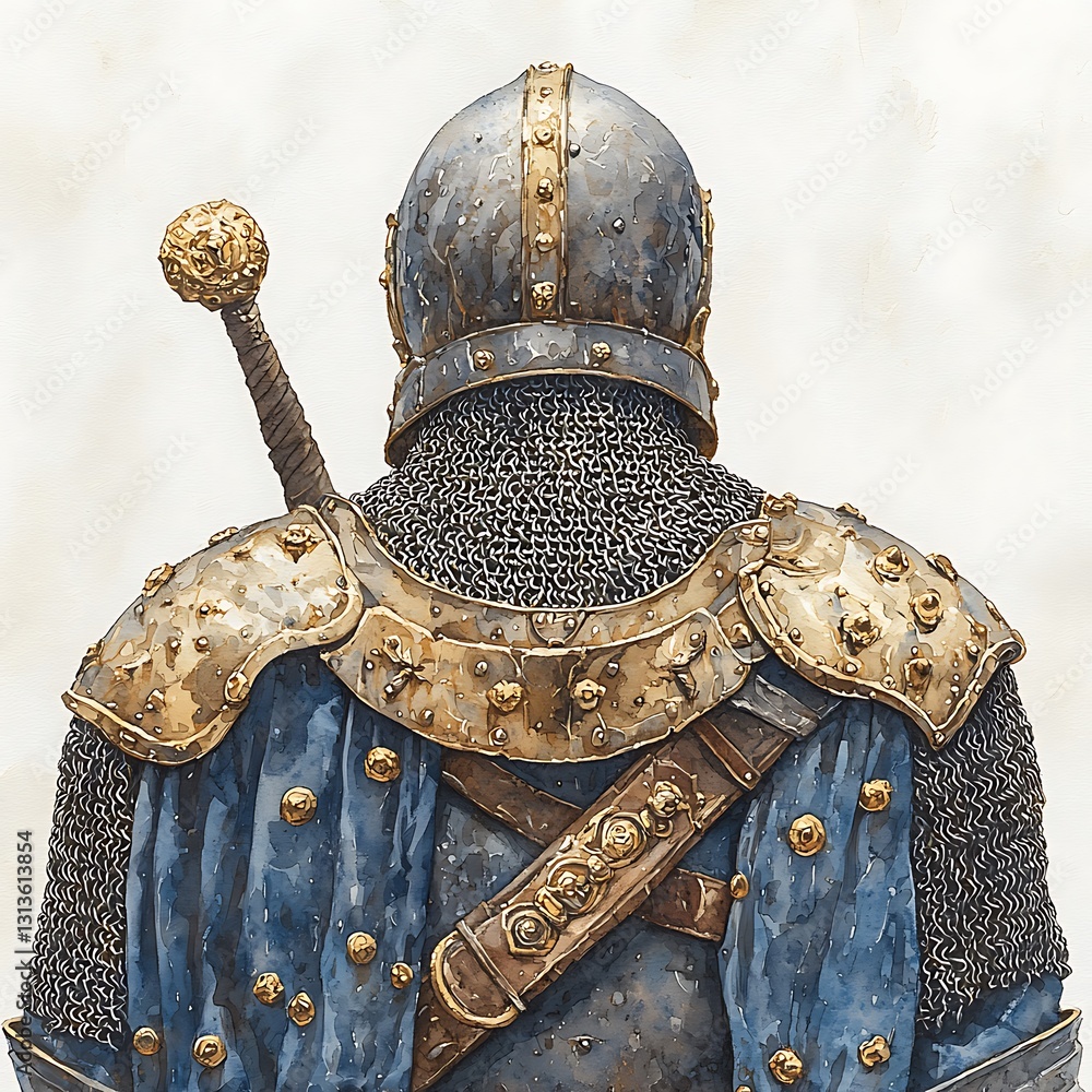Medieval Knight in Full Armor Rear View Illustration. A detailed watercolor painting depicting a knight from the back, showcasing his ornate armor and weaponry. Medieval Knight in Full Armor Rear View Illustration. A detailed watercolor painting depicting a knight from the back, showcasing his ornate armor and weaponry.