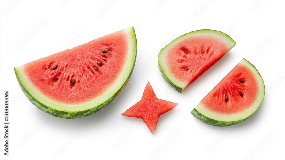 Fresh watermelon slices cut into star shapes isolated on white background. Generative AI Fresh watermelon slices cut into star shapes isolated on white background. Generative AI