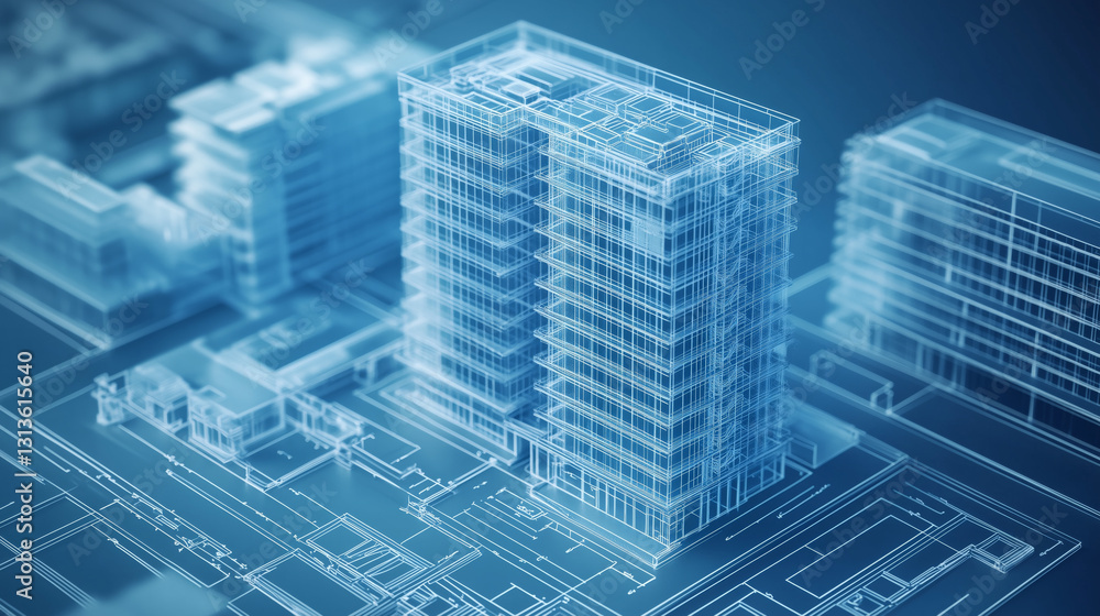 Architectural design model showcasing a modern building complex in a digital environment Architectural design model showcasing a modern building complex in a digital environment