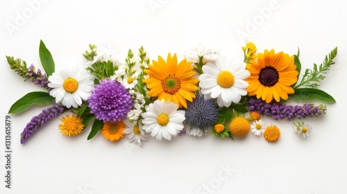 Colorful Wildflower Bouquet with Sunflowers and Daisies Isolated on White Background. Generative AI photo