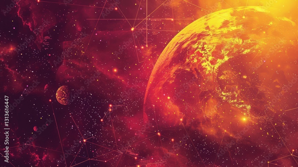 Obraz premium Futuristic digital art with glowing planet and grid. Sci fi and space exploration theme. Digital artwork of explosion of fire planet with glowing red color. Background for wallpaper, banner. AIG53.