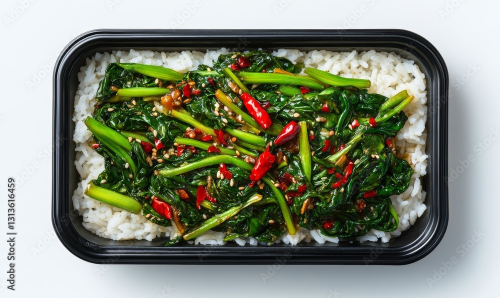Delicious Stir-fried Bok Choy with Rice in a Takeout Container Delicious Stir-fried Bok Choy with Rice in a Takeout Container