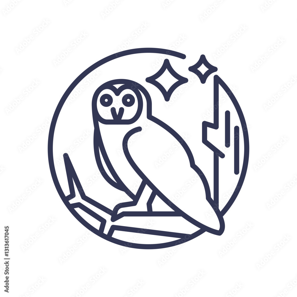 Line art of an owl on a branch with stars, symbolizing wisdom and night. Line art of an owl on a branch with stars, symbolizing wisdom and night.