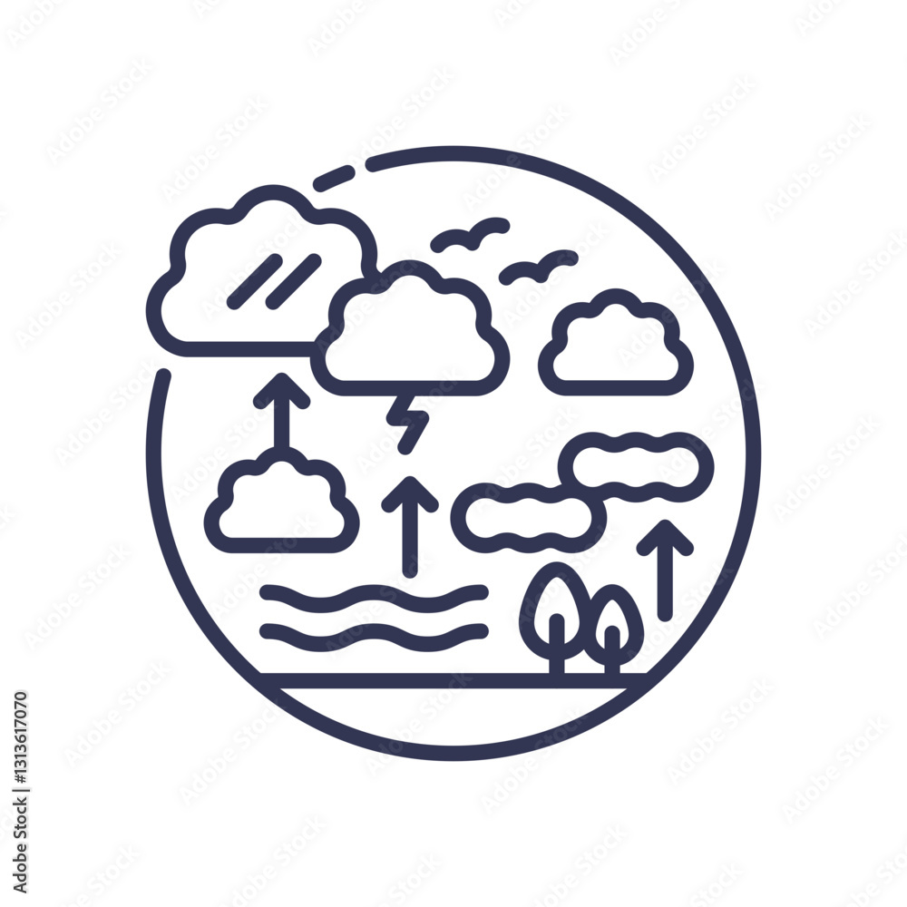 Illustration of clouds, arrows, and trees symbolizing atmospheric dynamics and weather patterns. Illustration of clouds, arrows, and trees symbolizing atmospheric dynamics and weather patterns.