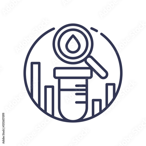 Test tube and magnifying glass symbolize chemical analysis and data evaluation.