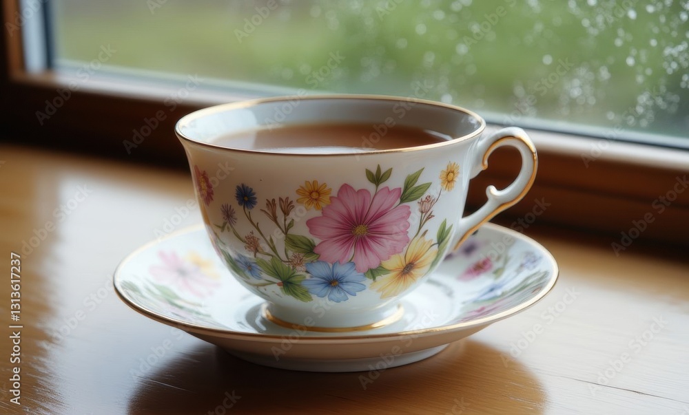 Elegant floral teacup on table Elegant floral teacup on table