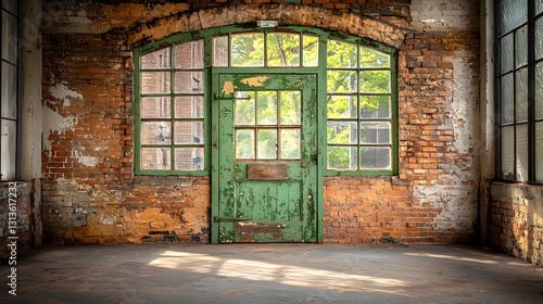Weathered Green Door in a Decaying Brick Building