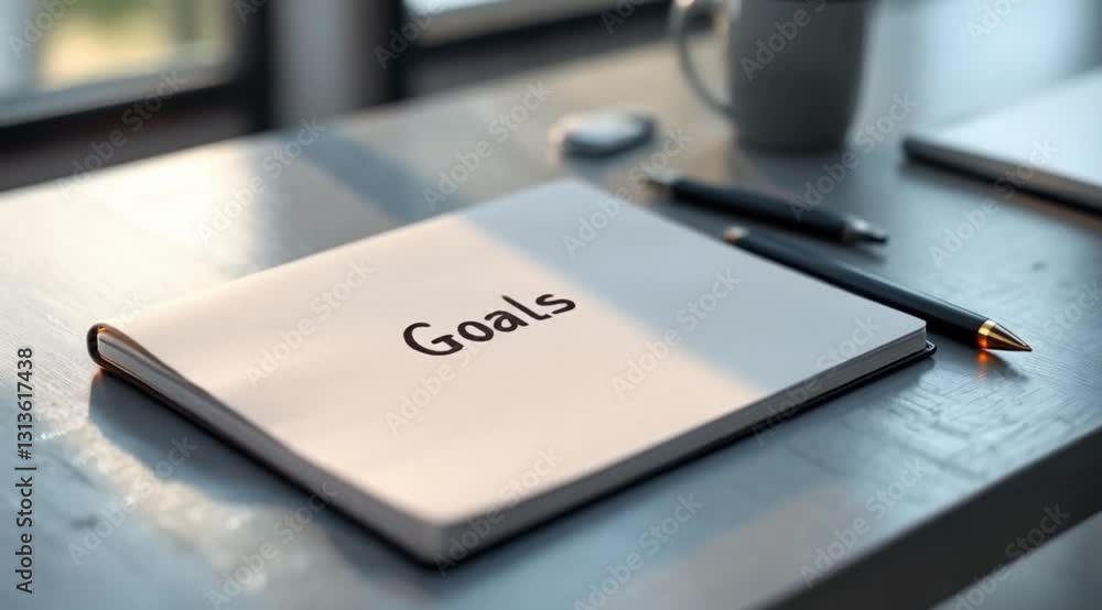 Goals notebook on table, morning light, planning Goals notebook on table, morning light, planning