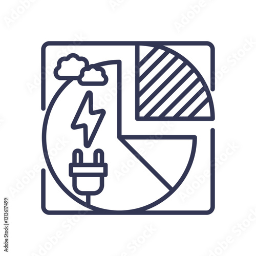 Illustration of energy distribution with pie chart, plug, and lightning bolt.