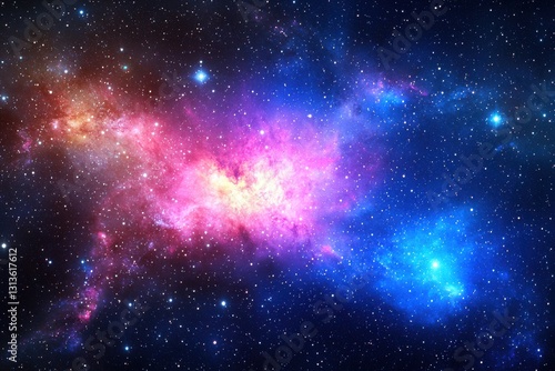 A mesmerizing cosmic vista featuring a vibrant nebula with countless stars  painted in hues of pink  purple  blue  and red  in the infinite expanse.