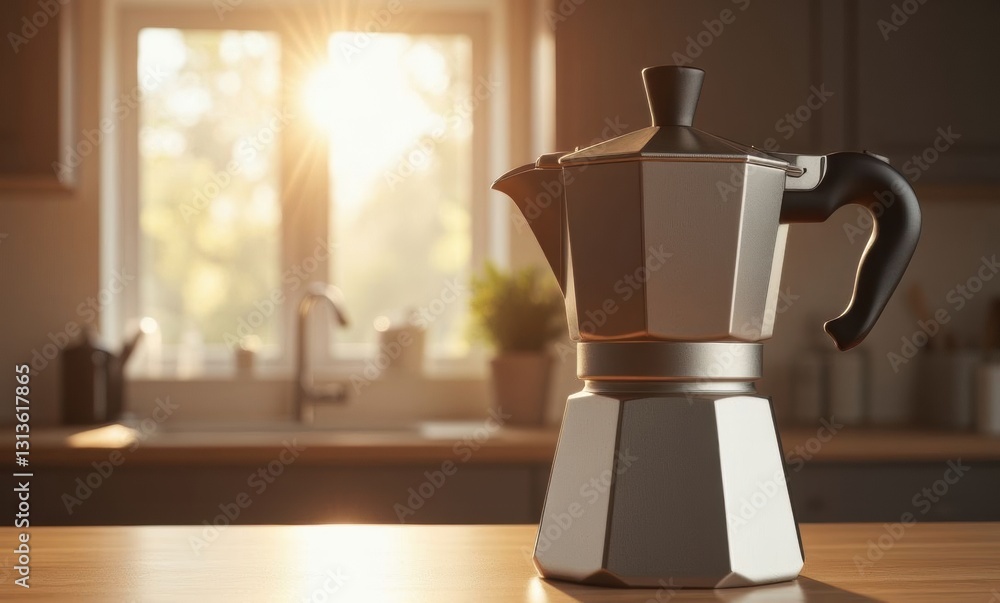 Morning light shines on a stovetop espresso maker Morning light shines on a stovetop espresso maker