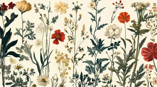 Antique-style botanical print featuring an assortment of delicately drawn plants and florals.