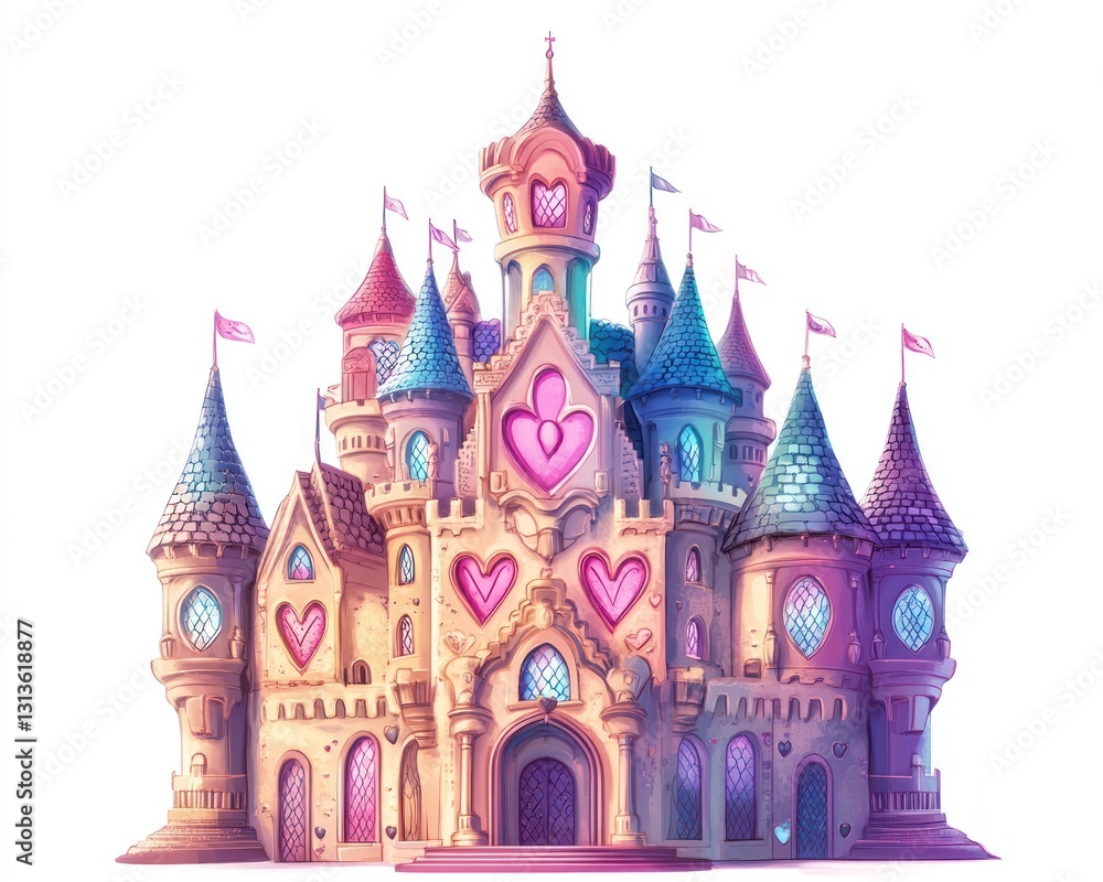 Obraz premium Fairytale castle, heart details, white background, children's book illustration