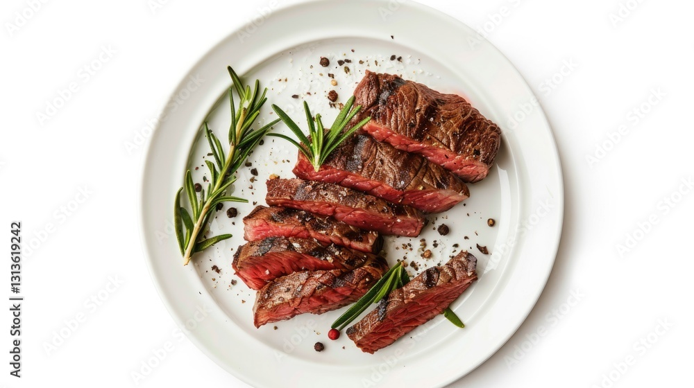 Close up of colorful hexagonal tiles with textured surfaces. Top down view of medium rare sliced beef steak placed on plate decorated with green fresh vegetable. Abstract geometric pattern. AIG51. Close up of colorful hexagonal tiles with textured surfaces. Top down view of medium rare sliced beef steak placed on plate decorated with green fresh vegetable. Abstract geometric pattern. AIG51.
