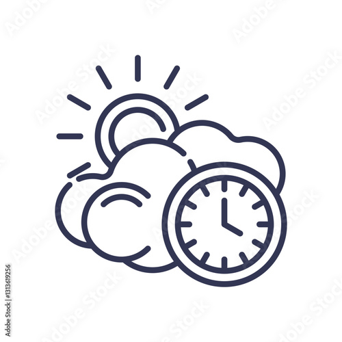 Clock and clouds symbolize time-based weather predictions.