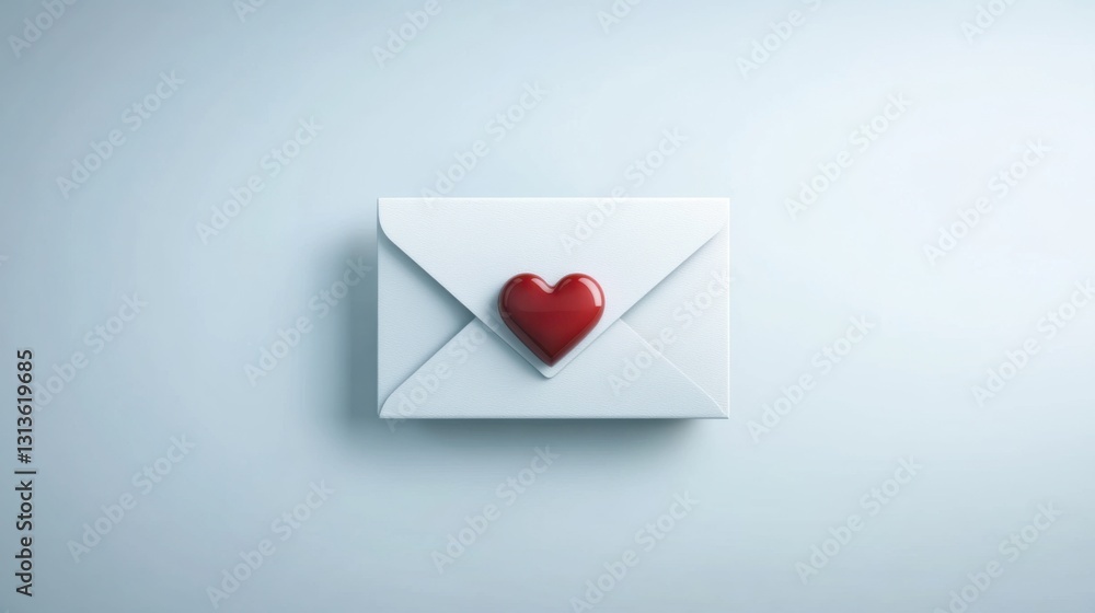 White envelope with a red heart seal on a light blue background. White envelope with a red heart seal on a light blue background.