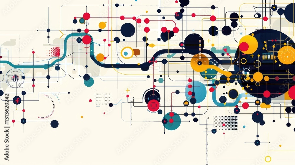 Obraz premium This abstract illustration features a colorful data visualization representing workflows and connections. It highlights modern design with circular shapes and complex patterns.