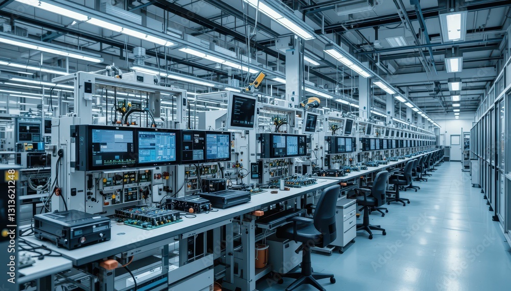 High-Tech Electronics Manufacturing Facility with Workstations and Equipment High-Tech Electronics Manufacturing Facility with Workstations and Equipment