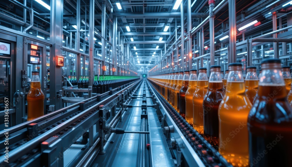Industrial Bottling Line with Brightly Lit Production Facility Industrial Bottling Line with Brightly Lit Production Facility
