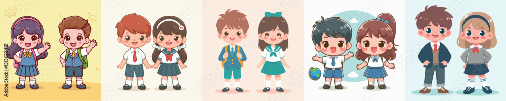 Vector happy two cartoon children a boy and a girl in school uniforms Vector happy two cartoon children a boy and a girl in school uniforms