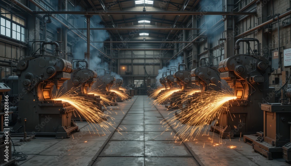 Industrial Workshop with Sparks from Machinery in Factory Setting Industrial Workshop with Sparks from Machinery in Factory Setting