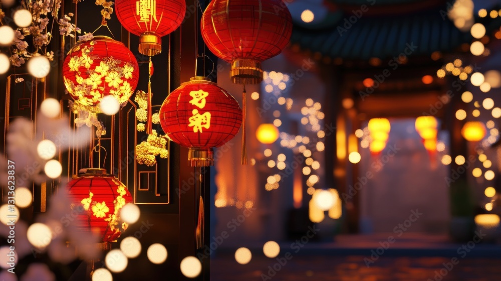 3D cartoon Chinese-themed decorations, lit up with festive lights at night, creating a cheerful atmosphere with red lanterns, gold symbols, and glowing elements. 3D cartoon Chinese-themed decorations, lit up with festive lights at night, creating a cheerful atmosphere with red lanterns, gold symbols, and glowing elements.