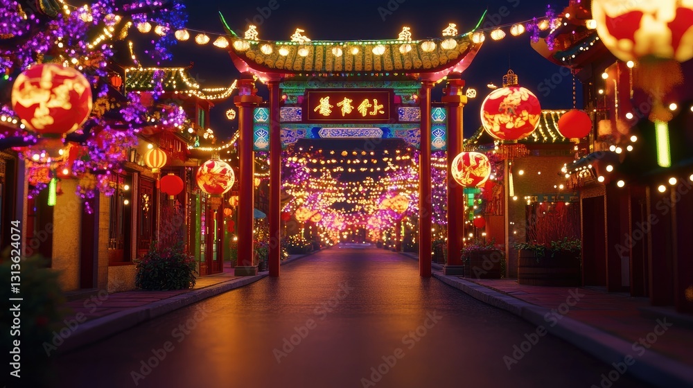 A 3D animated Chinese decoration scene at night with beautiful light displays, lanterns, and traditional motifs, illuminated in vibrant colors for the holiday season. A 3D animated Chinese decoration scene at night with beautiful light displays, lanterns, and traditional motifs, illuminated in vibrant colors for the holiday season.