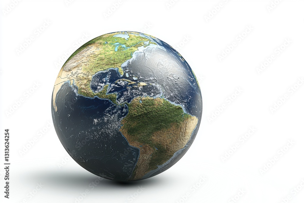 Fototapeta premium Realistic 3D rendering of planet Earth isolated on a white background showing America, with detailed continents, oceans, and land topography illuminated perfectly.